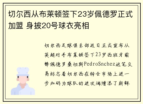 切尔西从布莱顿签下23岁佩德罗正式加盟 身披20号球衣亮相